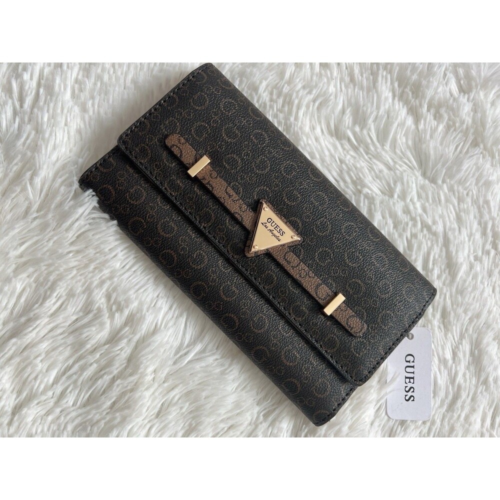 NWT GUESS Brown G Logo Print Trifold Wallet Snap Organizer Triangle Plaque